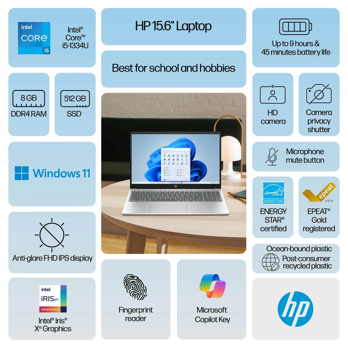 HP 15.6" Laptop, 13th Gen i5 Processor (8GB RAM - 512GB SSD)