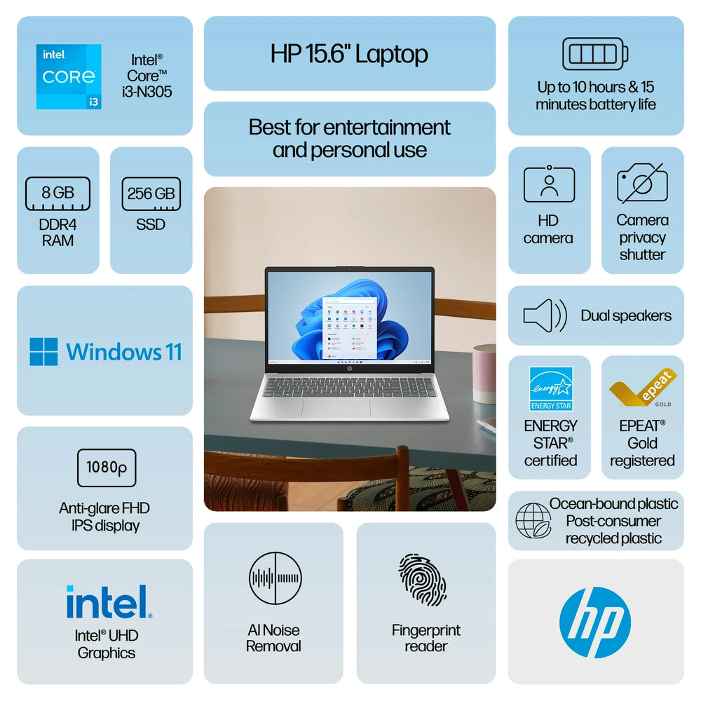 HP 15.6" Laptop, i3-N305 Processor (8GB RAM - 256GB Storage)