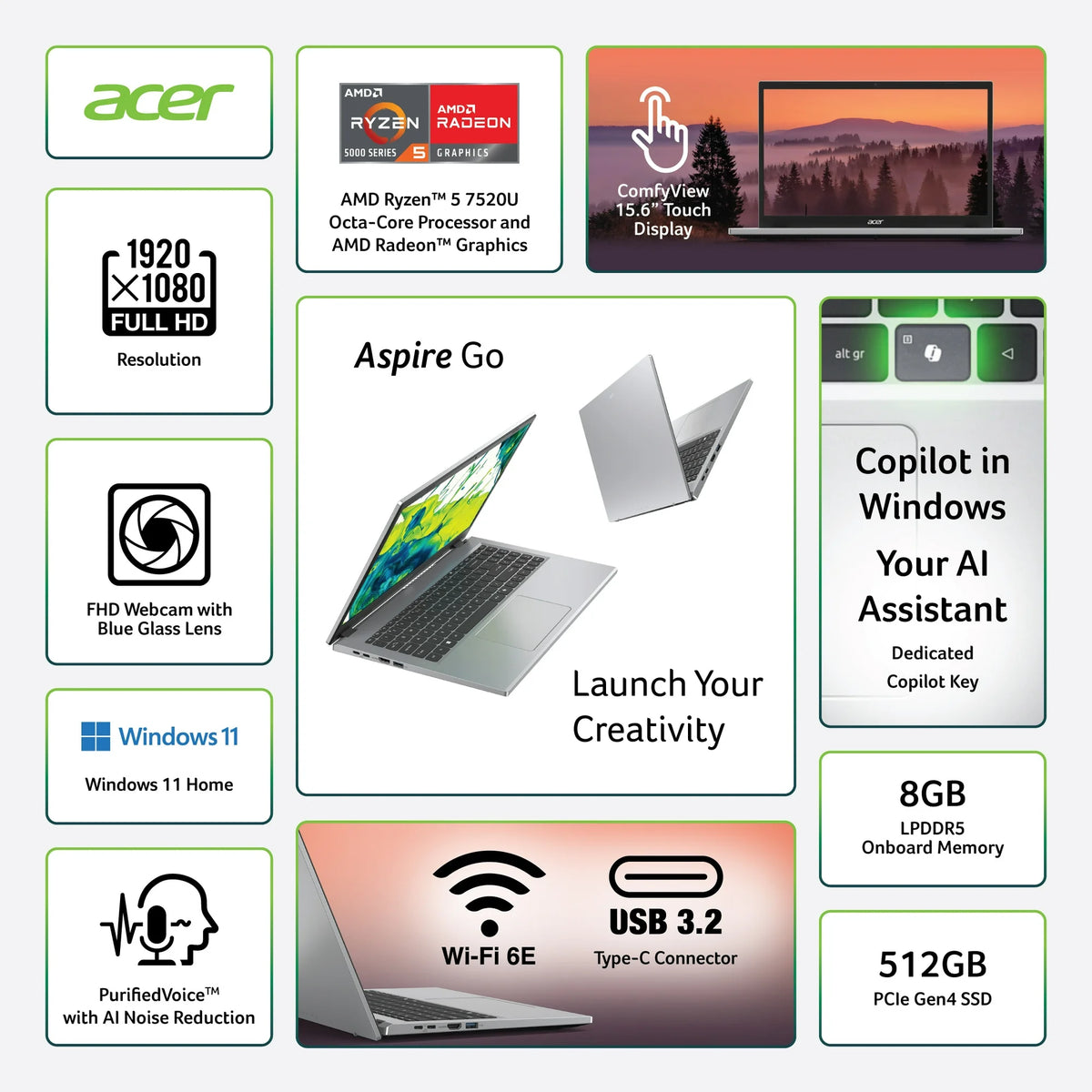Acer Aspire Go 15.6" Touchscreen Laptop, i5 Processor (512GB + 8GB RAM)